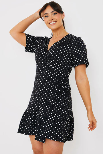 Polka Dot Print Short Sleeve Wrap Swing Dress